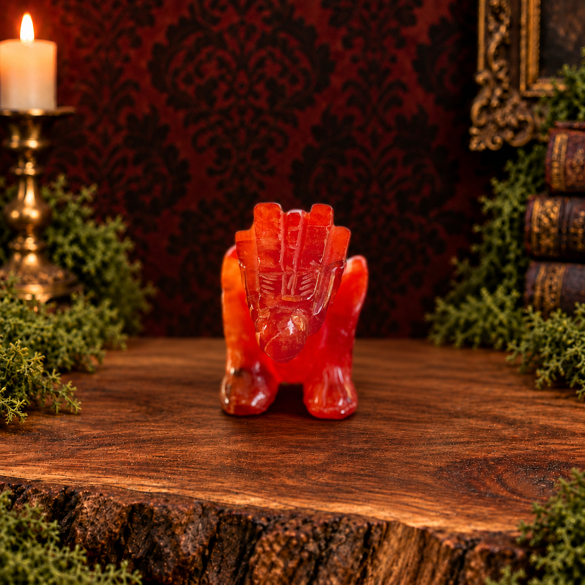 Red carnelian flying dragon, front view on acacia wood with moss and a dark Victorian background.