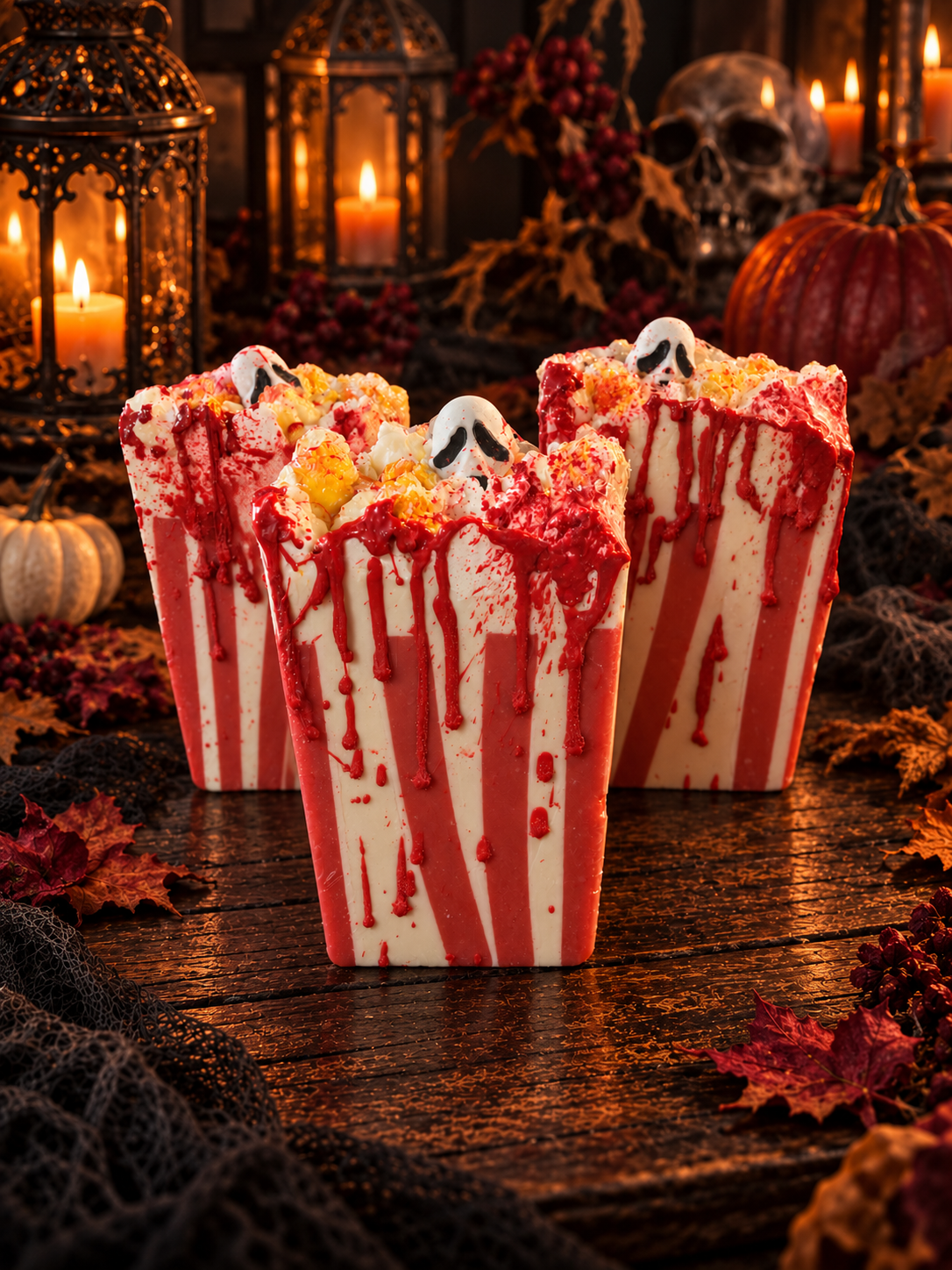 Date Night thicc soap bars with red and ivory stripes in a candlelit autumn scene
