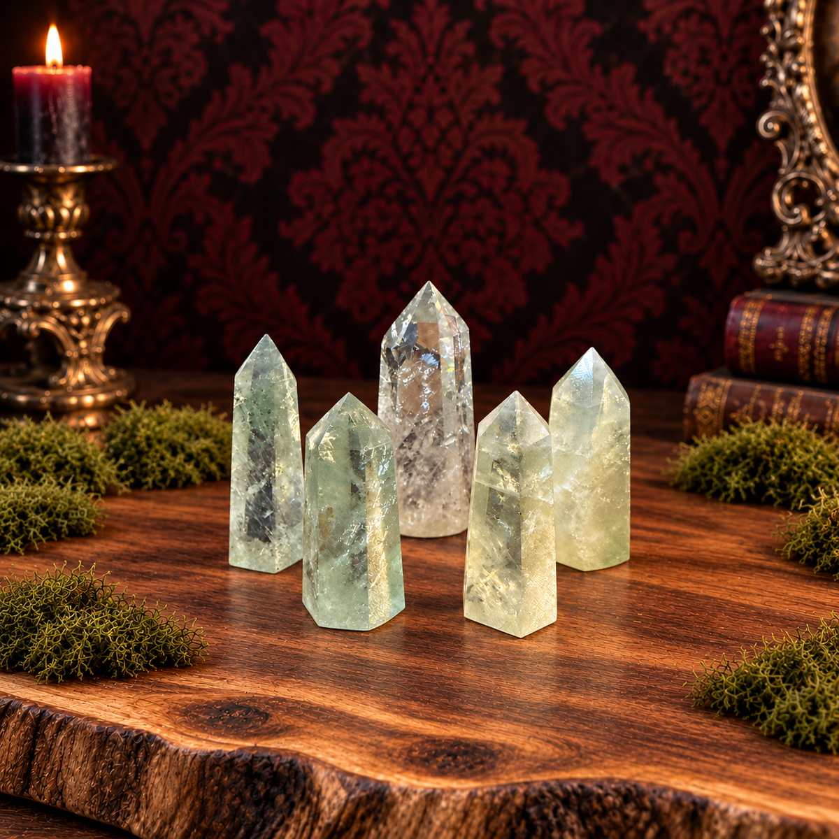 Five pale yellow–mint prasiolite mini towers displayed on acacia wood with moss against a burgundy backdrop.