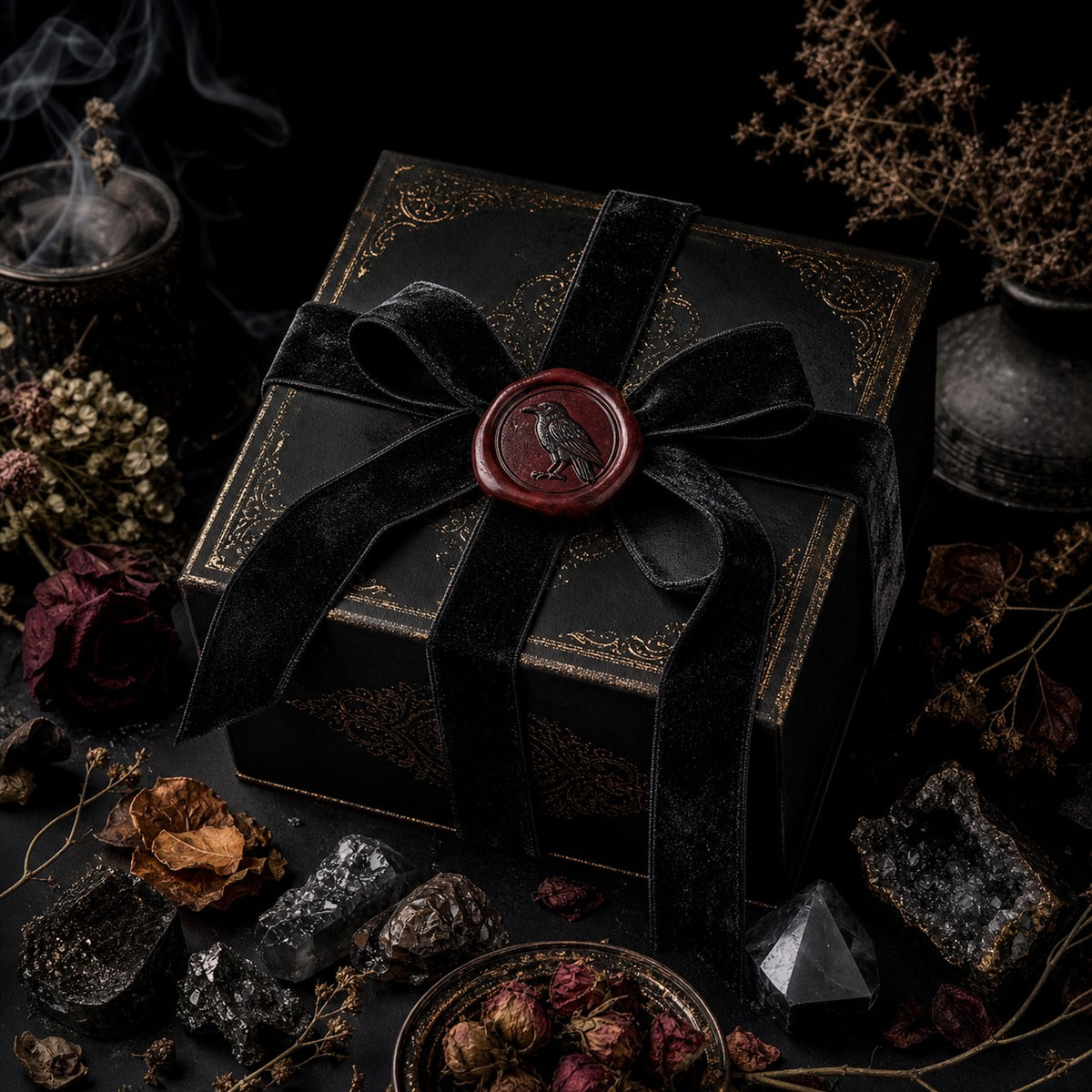 Raven's Eye Mystery Box, a black gift box bound in dark ribbon with a raven wax seal