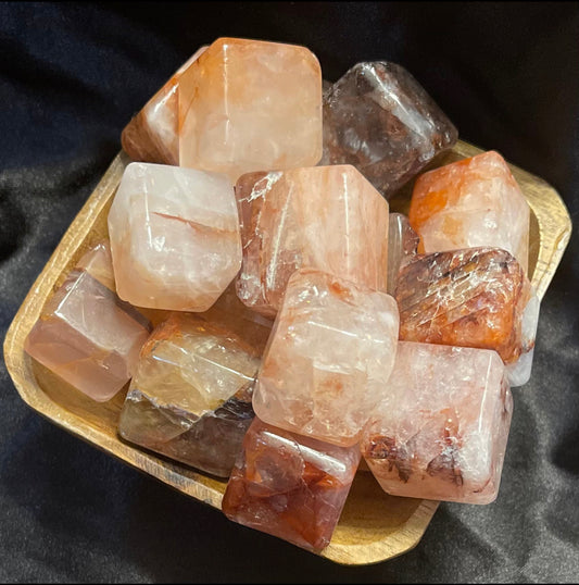 Fire Quartz crystal cube, clear quartz shot with rusty red hematite