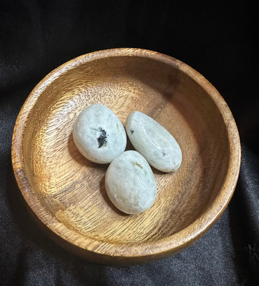 Rainbow Moonstone tumbled stone, milky white with a blue flash