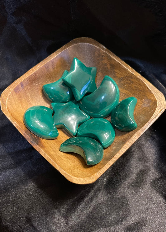 Malachite Moon carved crystal, carved crescent of banded green malachite
