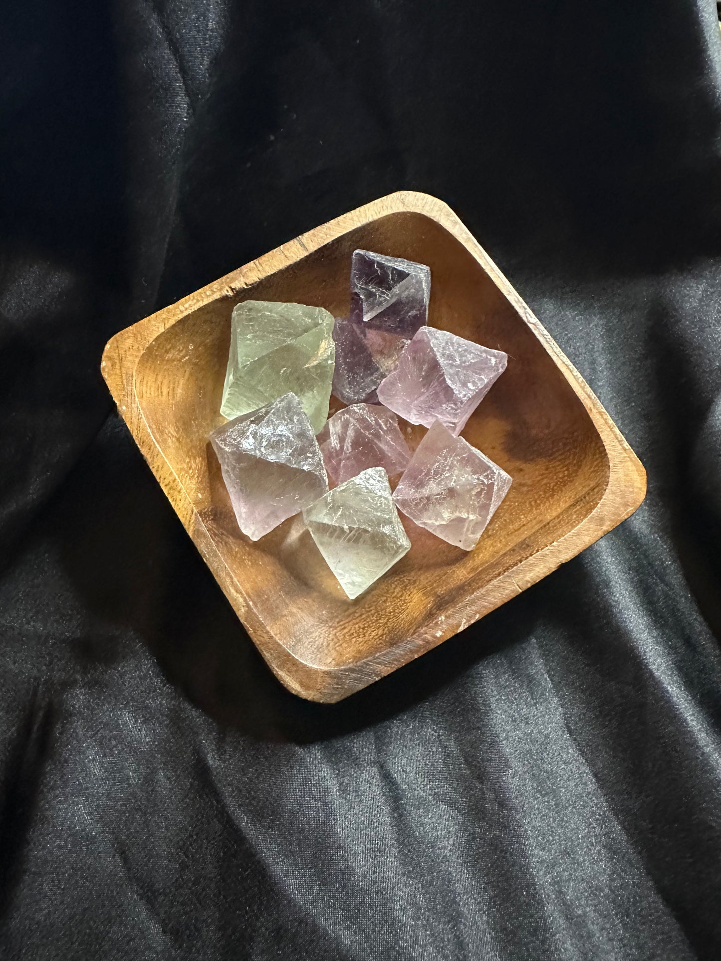 Rainbow Fluorite Natural Polyhedron carved crystal, banded purple, green and violet, glassy