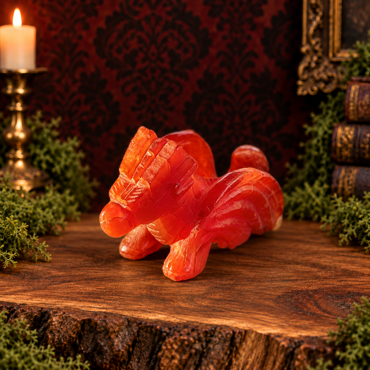 Red carnelian flying dragon, left-facing three-quarter view on acacia wood with moss and a dark Victorian background.
