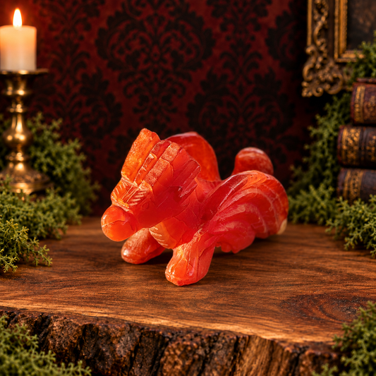 Red carnelian flying dragon, left-facing three-quarter view on acacia wood with moss and a dark Victorian background.
