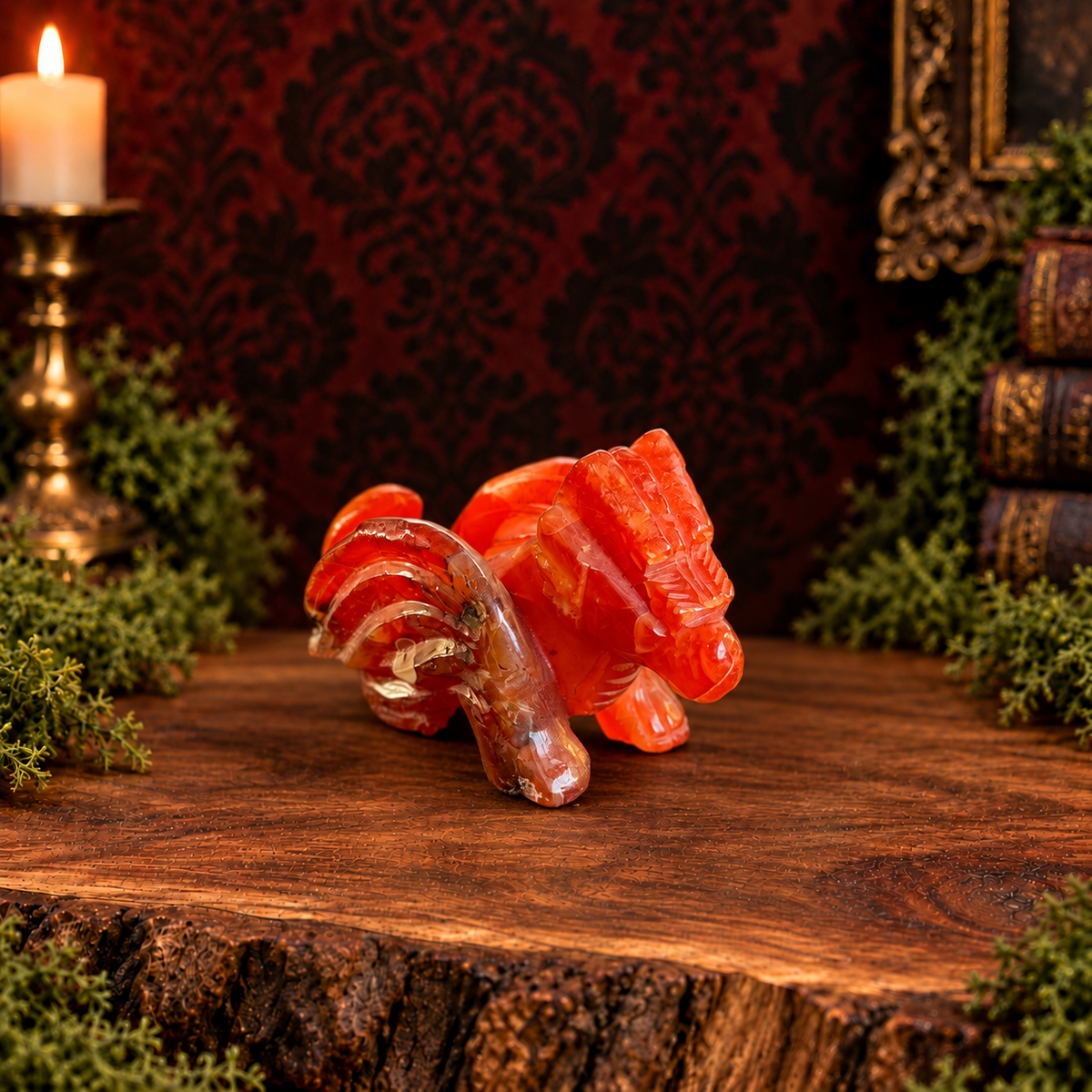 Red carnelian flying dragon, right-facing three-quarter view on acacia wood with moss and a dark Victorian background.
