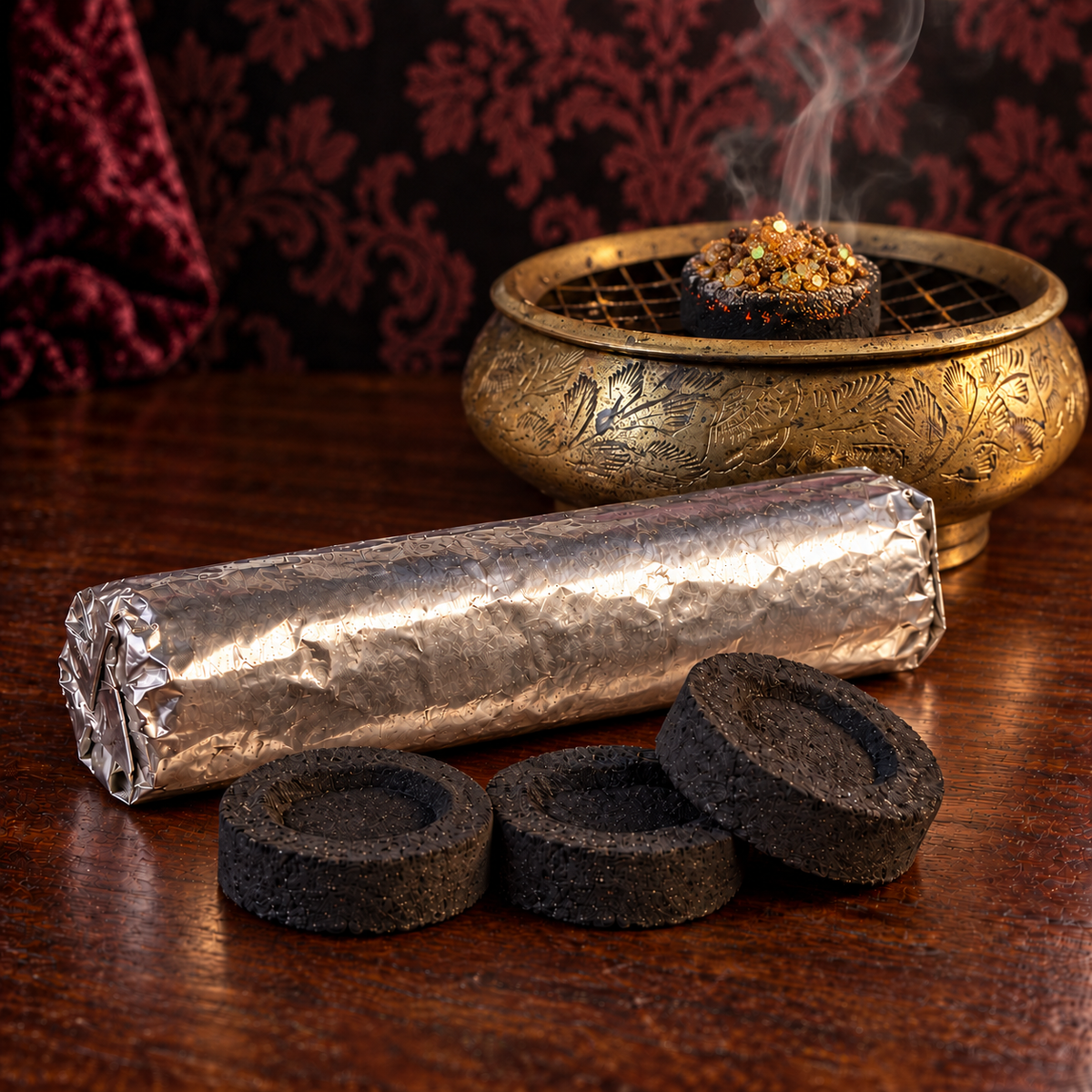 One plain foil-wrapped charcoal roll and three loose discs, with an engraved brass bowl of smoldering charcoal and gold-flecked loose incense behind them.