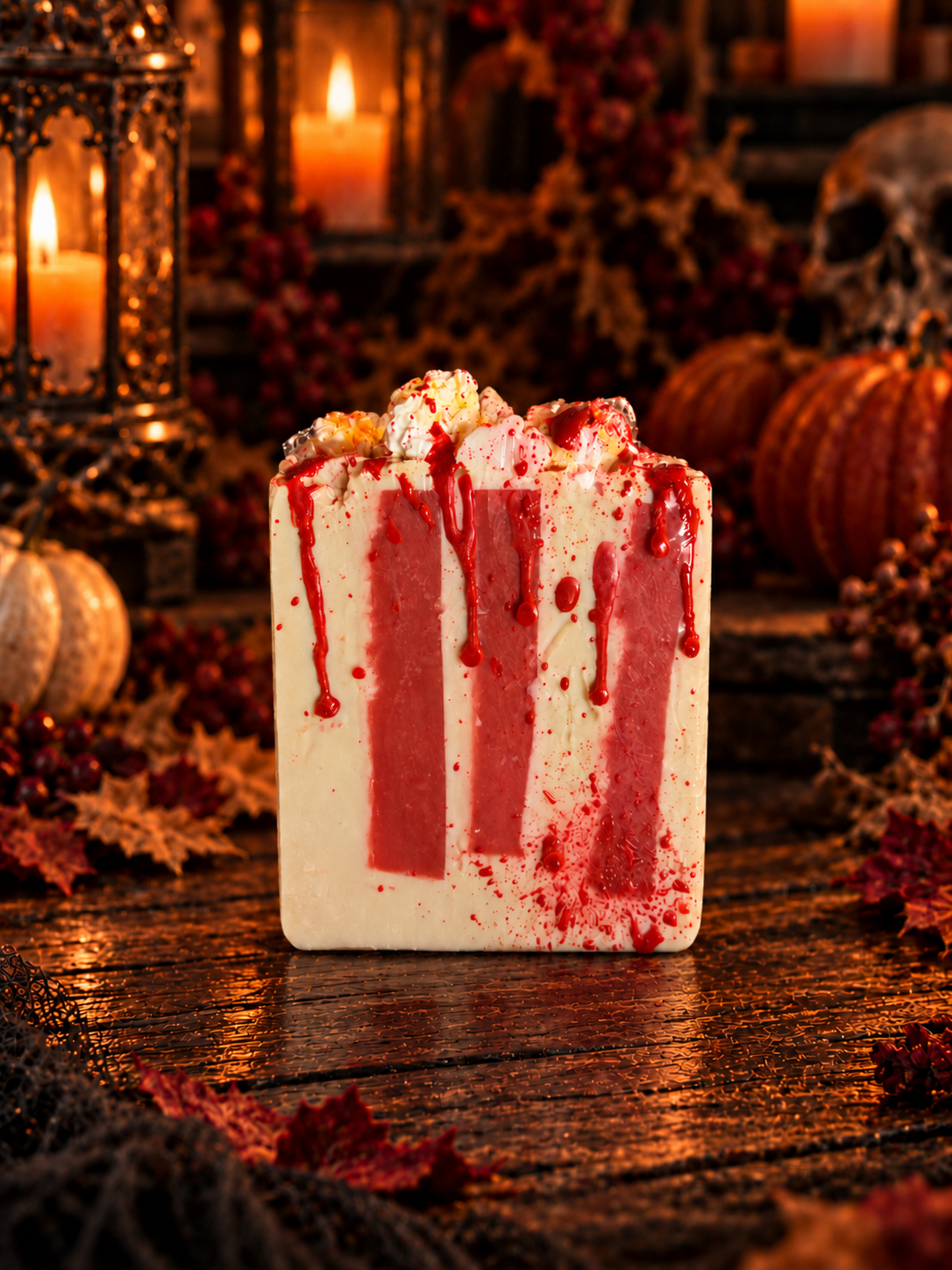 Date Night regular soap bar with red and ivory stripes in a candlelit autumn scene