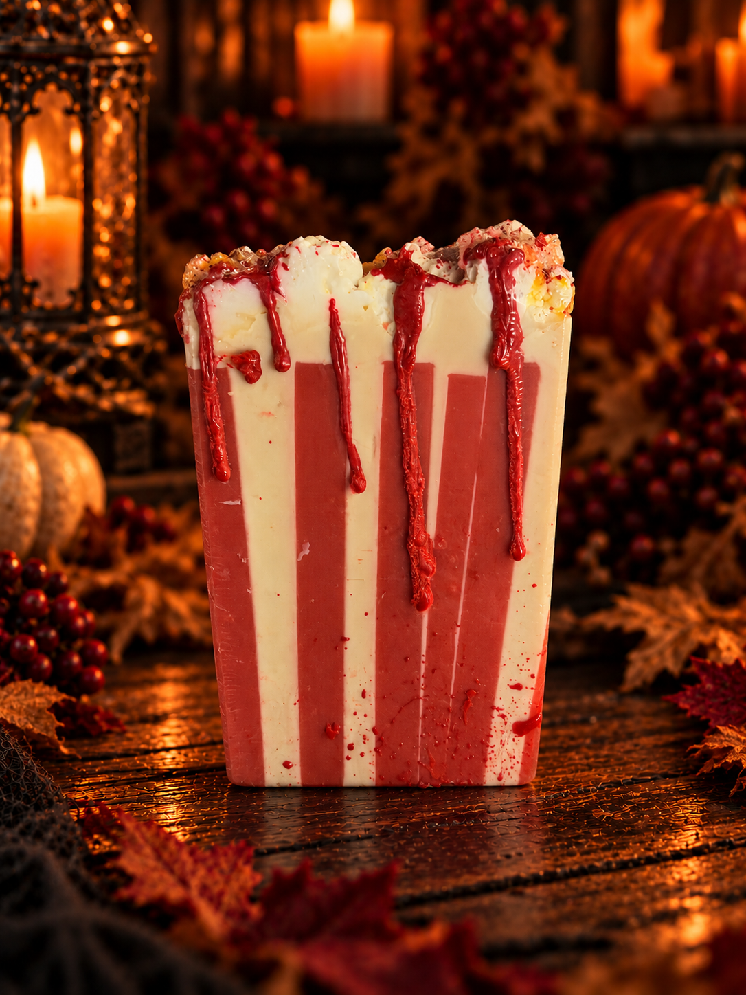 Date Night sample soap bar with red and ivory stripes in a candlelit autumn scene