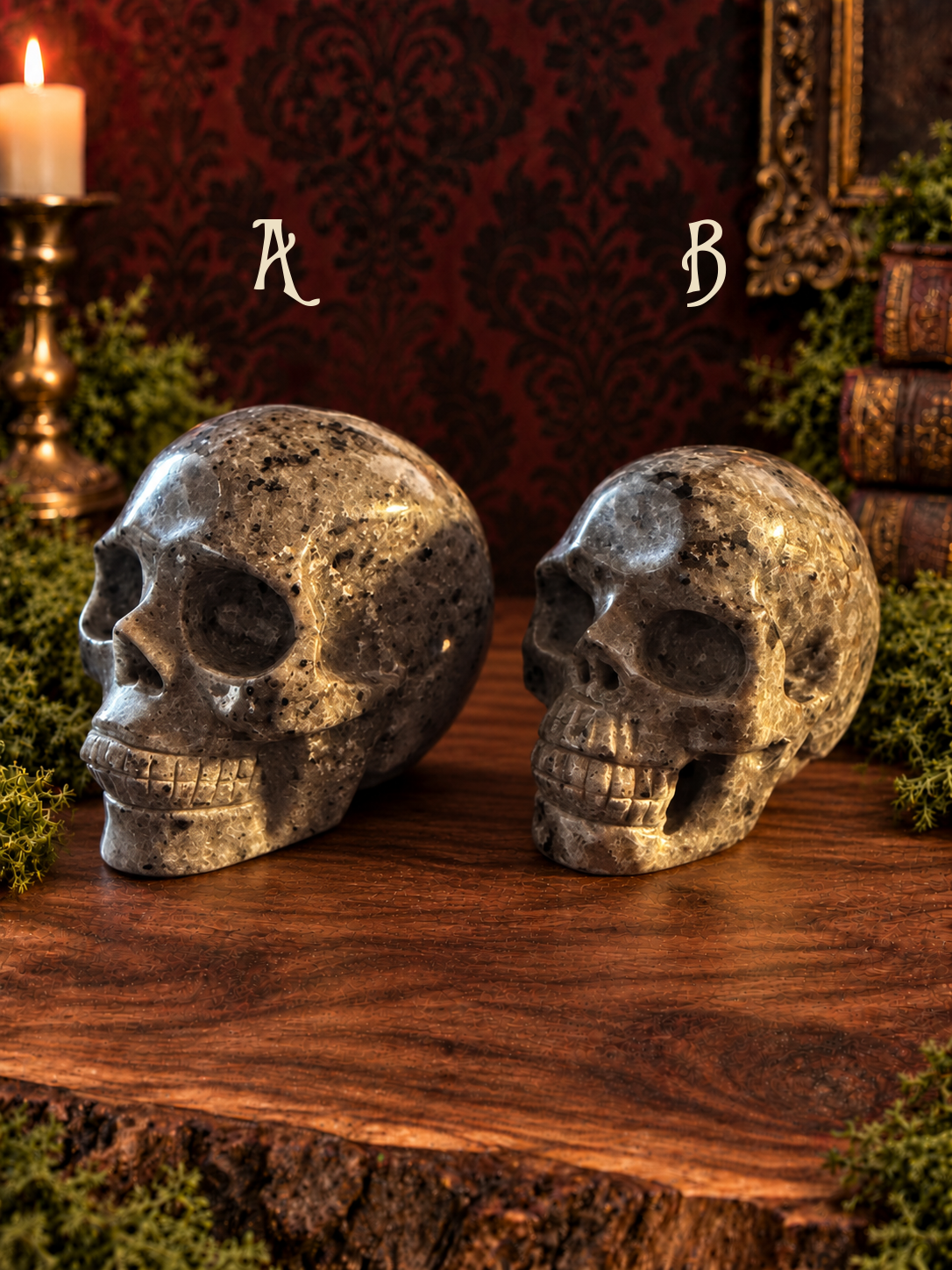 Emberlight skulls A and B in normal light, facing left; A labeled on the left and B on the right.