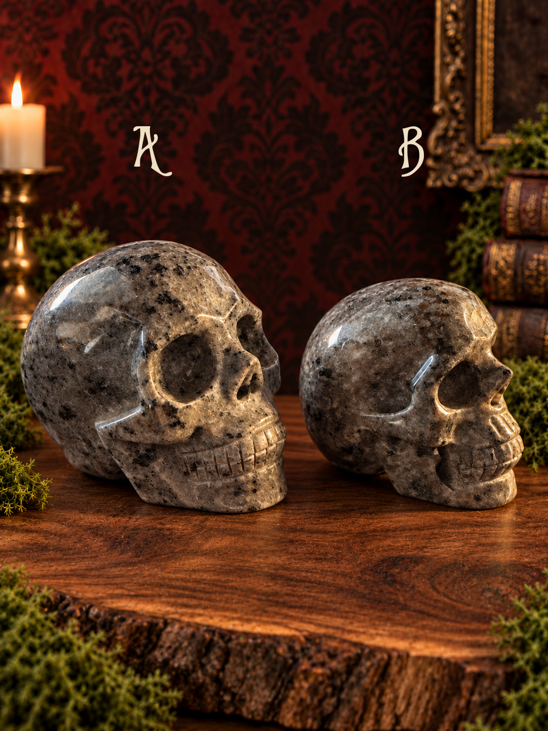 Emberlight skulls A and B in normal light, facing right; A labeled on the left and B on the right.