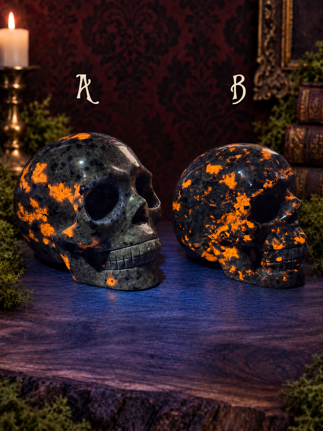Emberlight skulls A and B, right-facing under lighter-blue UV light revealing orange fluorescence; A left, B right.