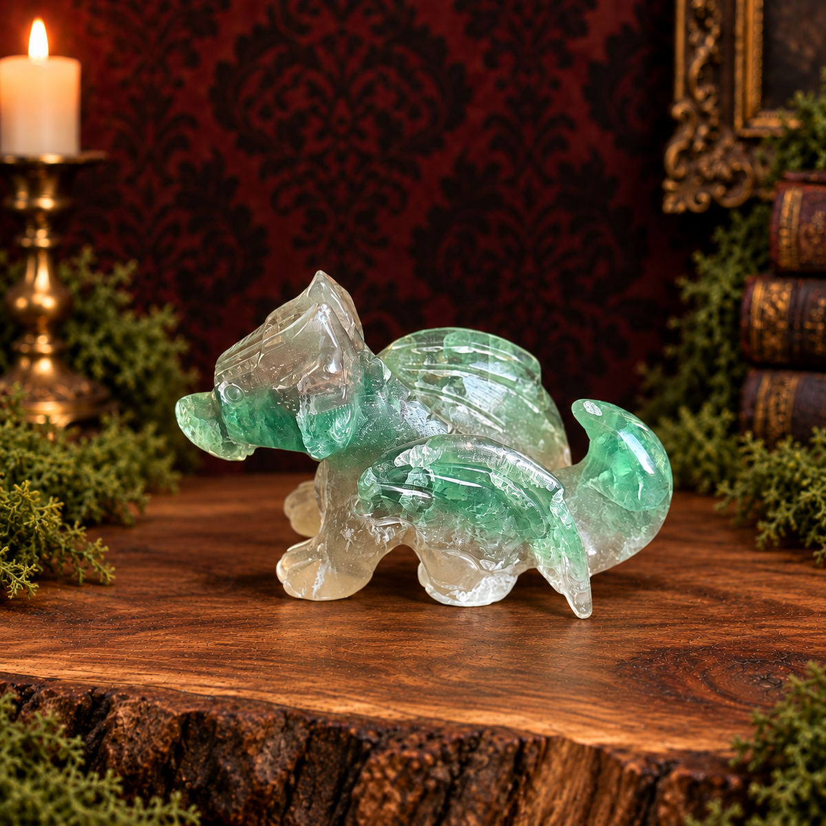 Green fluorite flying dragon, left-facing three-quarter view on acacia wood with moss and a dark Victorian background.