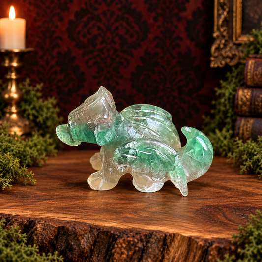 Green fluorite flying dragon, left-facing three-quarter view on acacia wood with moss and a dark Victorian background.