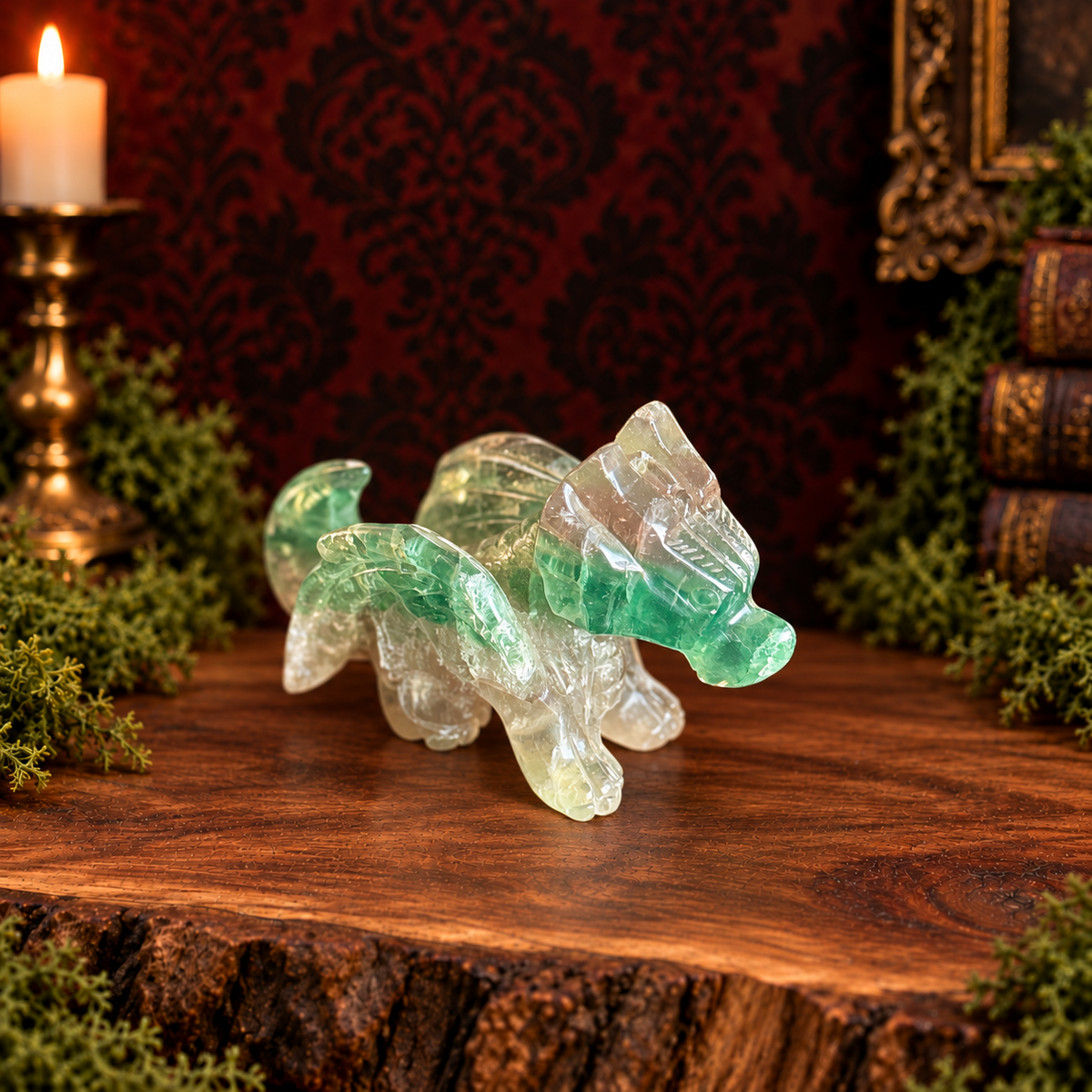 Green fluorite flying dragon, right-facing three-quarter view on acacia wood with moss and a dark Victorian background.