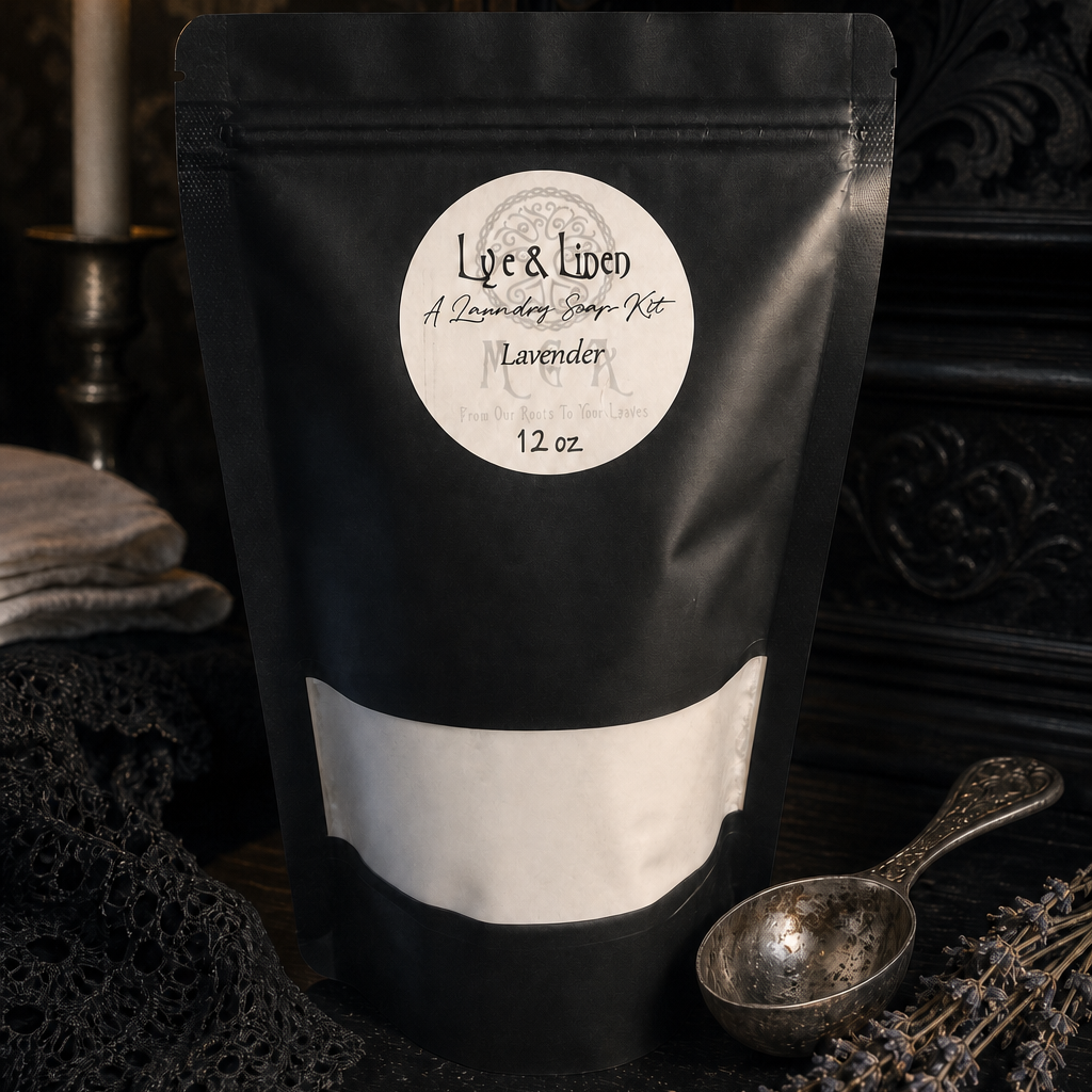 A black stand-up pouch labeled 'Lye & Linen A Lye-making Soap Kit Lavender 12 oz' sits on a dark carved surface with a lit candle, lace cloth, metal spoon, and lavender sprigs around it.