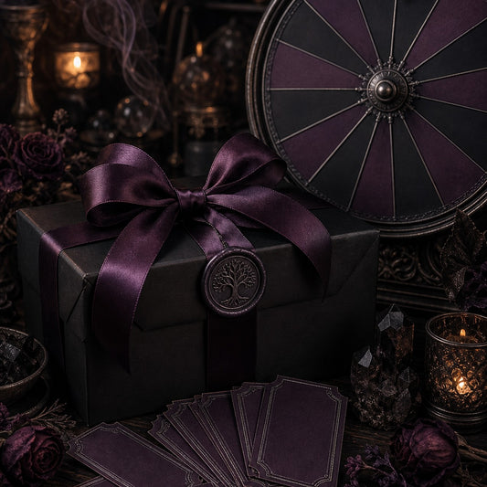 Raven's Eye $500 Mystery Box raffle, a black gift box with oxblood ribbon and a raven wax seal