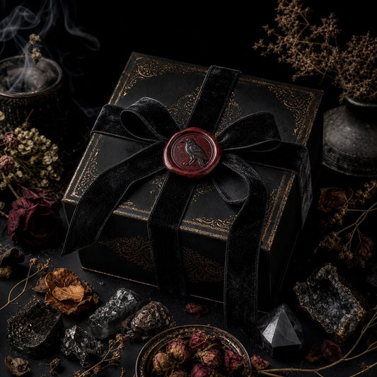 Raven's Eye Mystery Box, a black gift box bound in dark ribbon with a raven wax seal