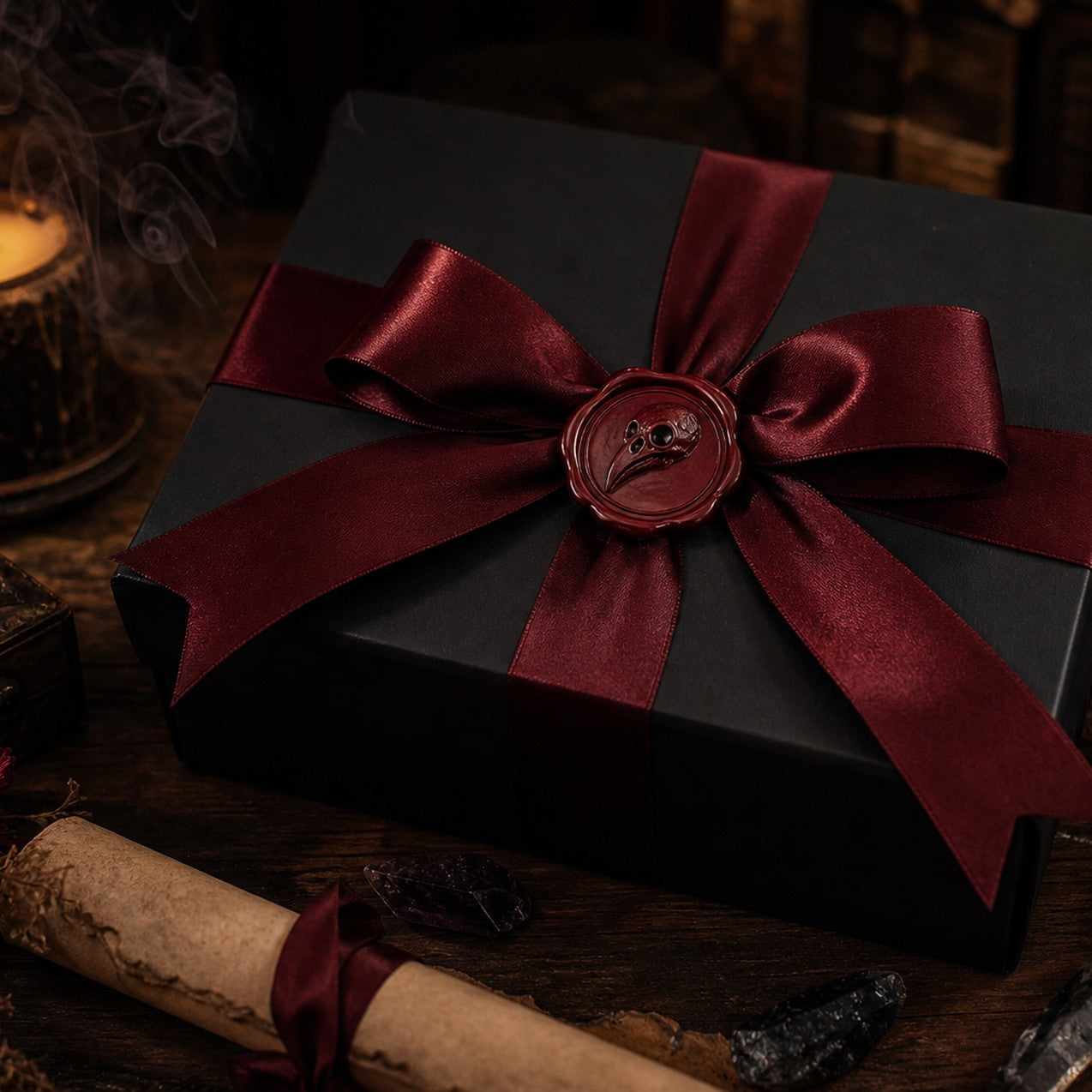 Private Virtual Shopping Hour, a black gift box with crimson ribbon and a raven wax seal