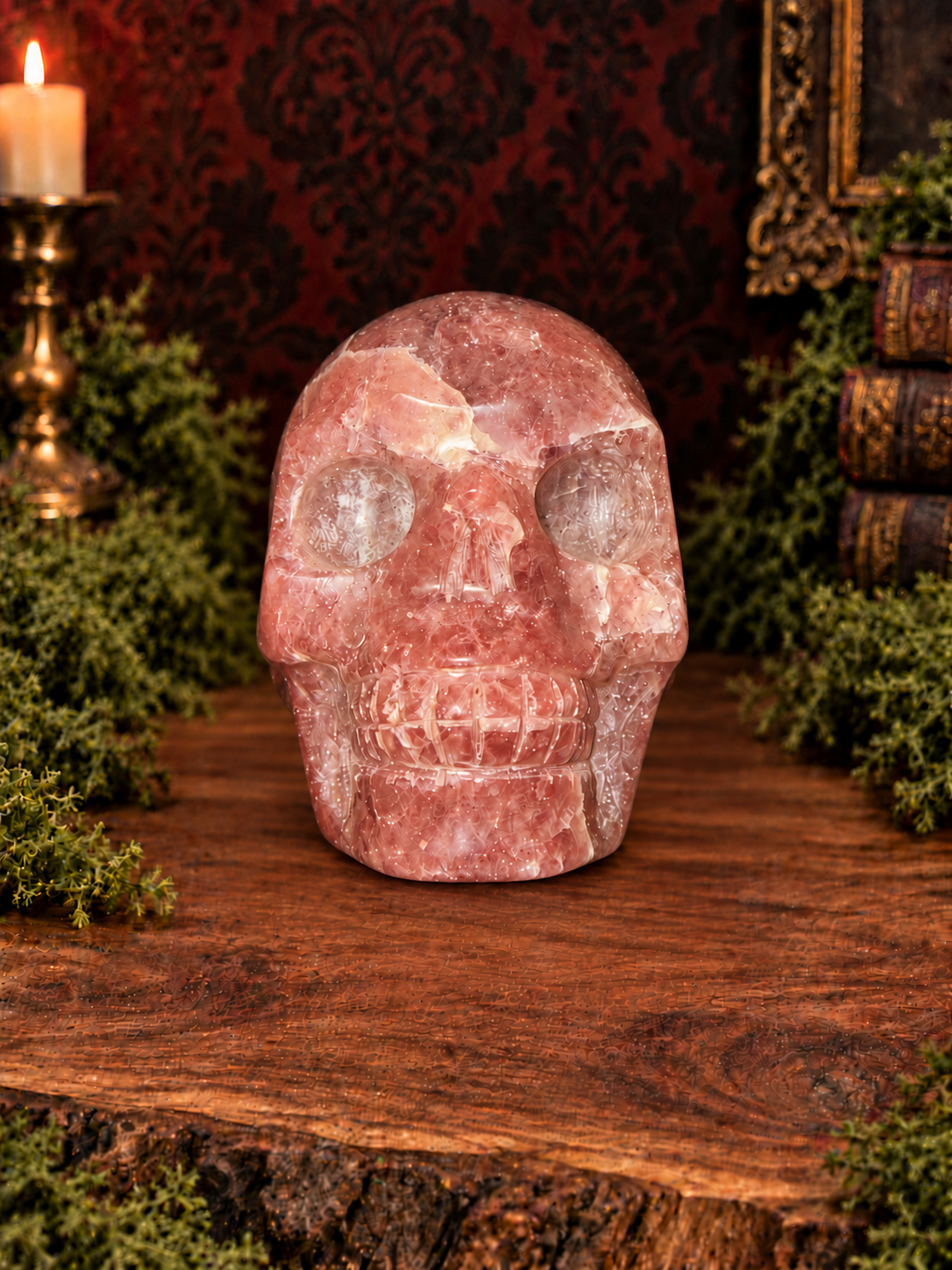Red strawberry quartz skull, front view, upright on acacia wood with moss and a dark Victorian background.