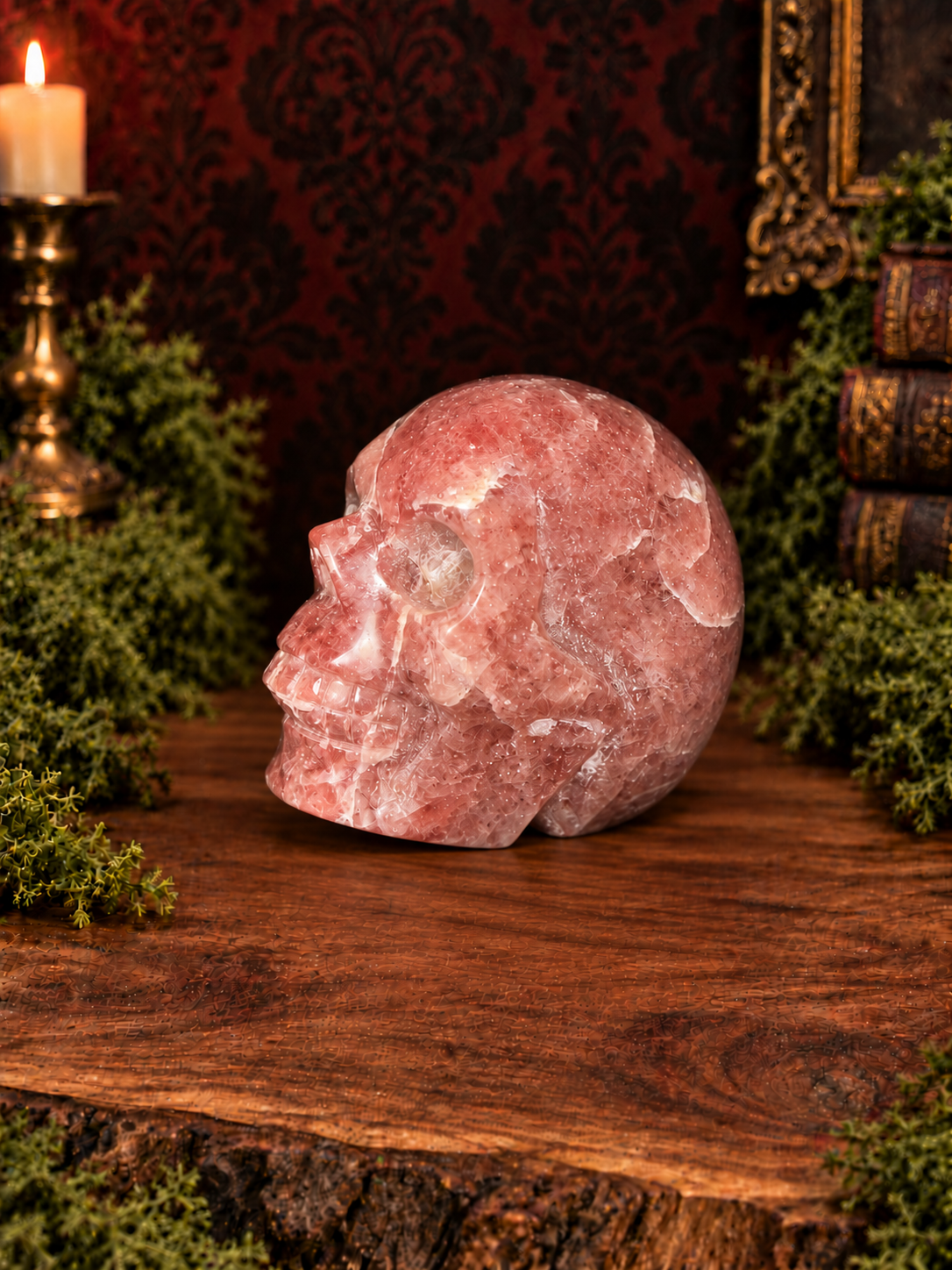 Red strawberry quartz skull, left facing view, upright on acacia wood with moss and a dark Victorian background.