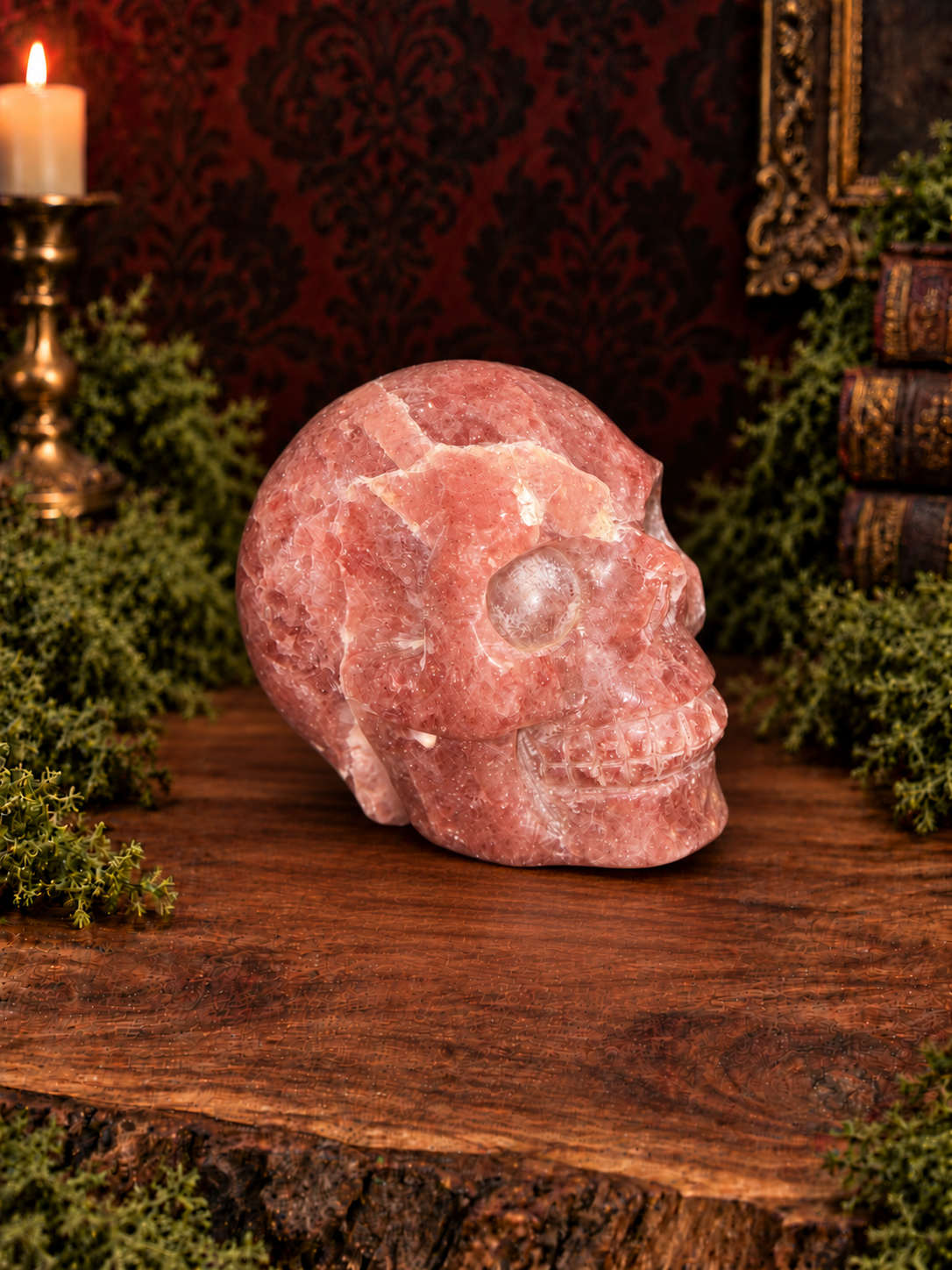 Red strawberry quartz skull, right facing view, upright on acacia wood with moss and a dark Victorian background.