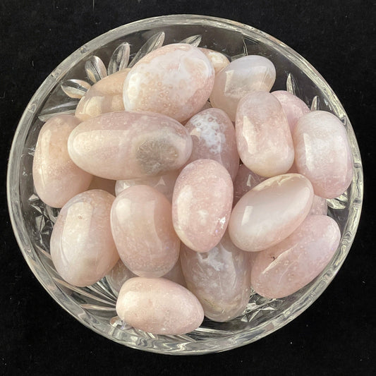 Flower Agate tumbled stone, soft pink with pale chalcedony plumes