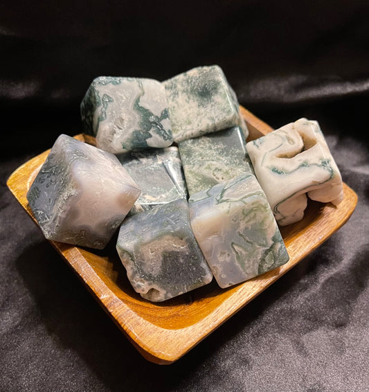 Moss Agate crystal cube, translucent with green moss-like dendrites