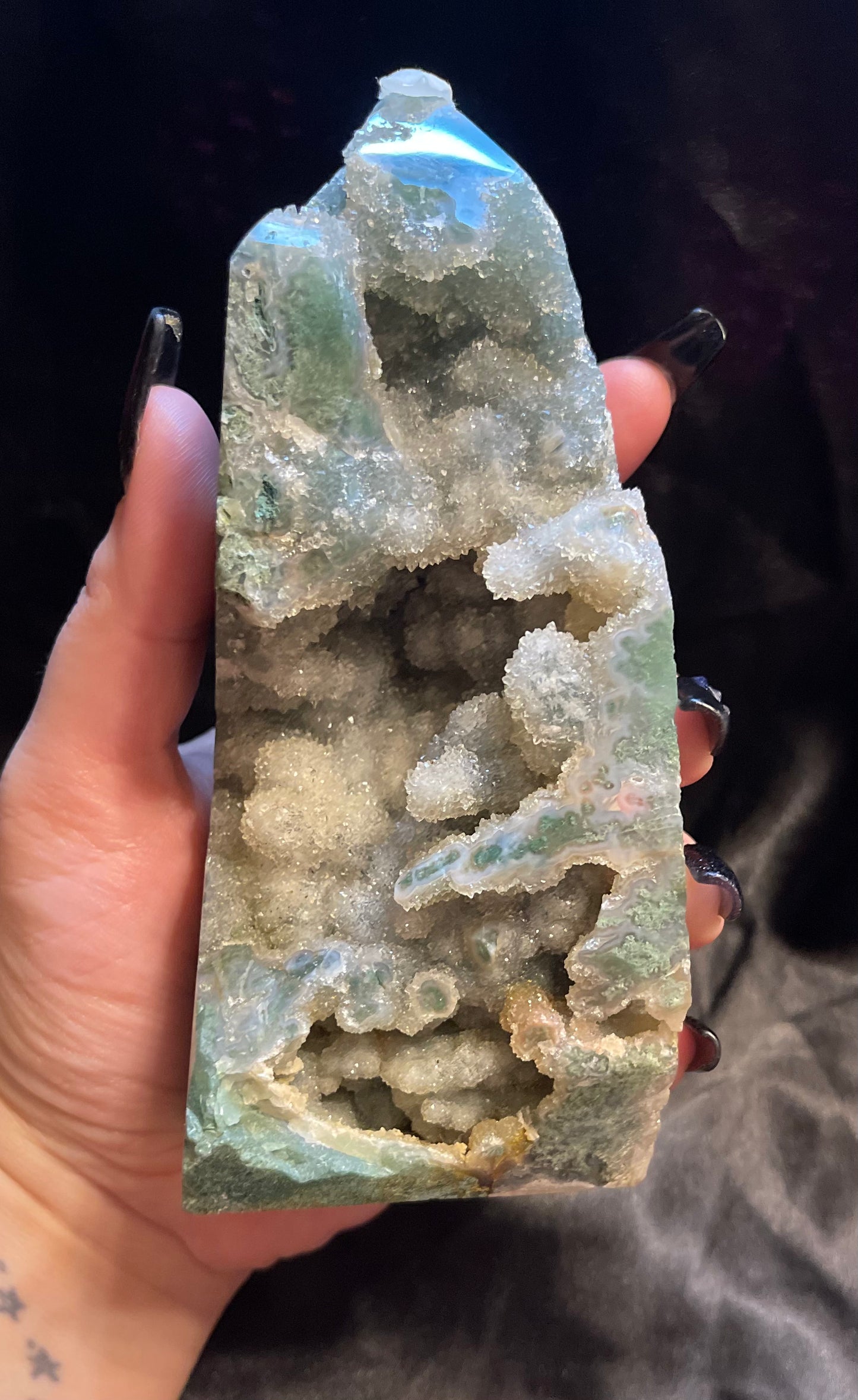 Moss Agate Druzy crystal tower, from another angle