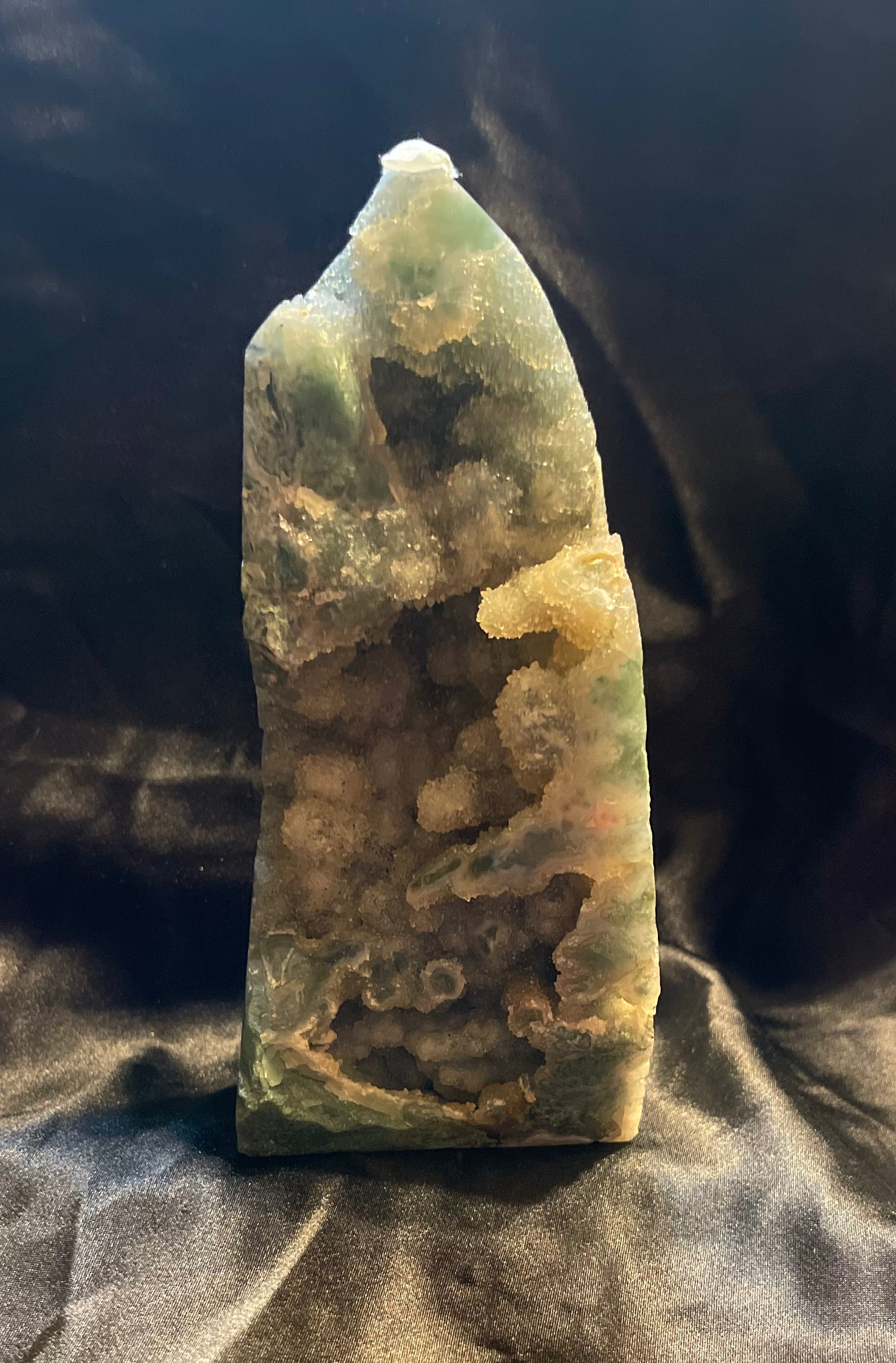 Moss Agate Druzy crystal tower, translucent with green moss-like dendrites