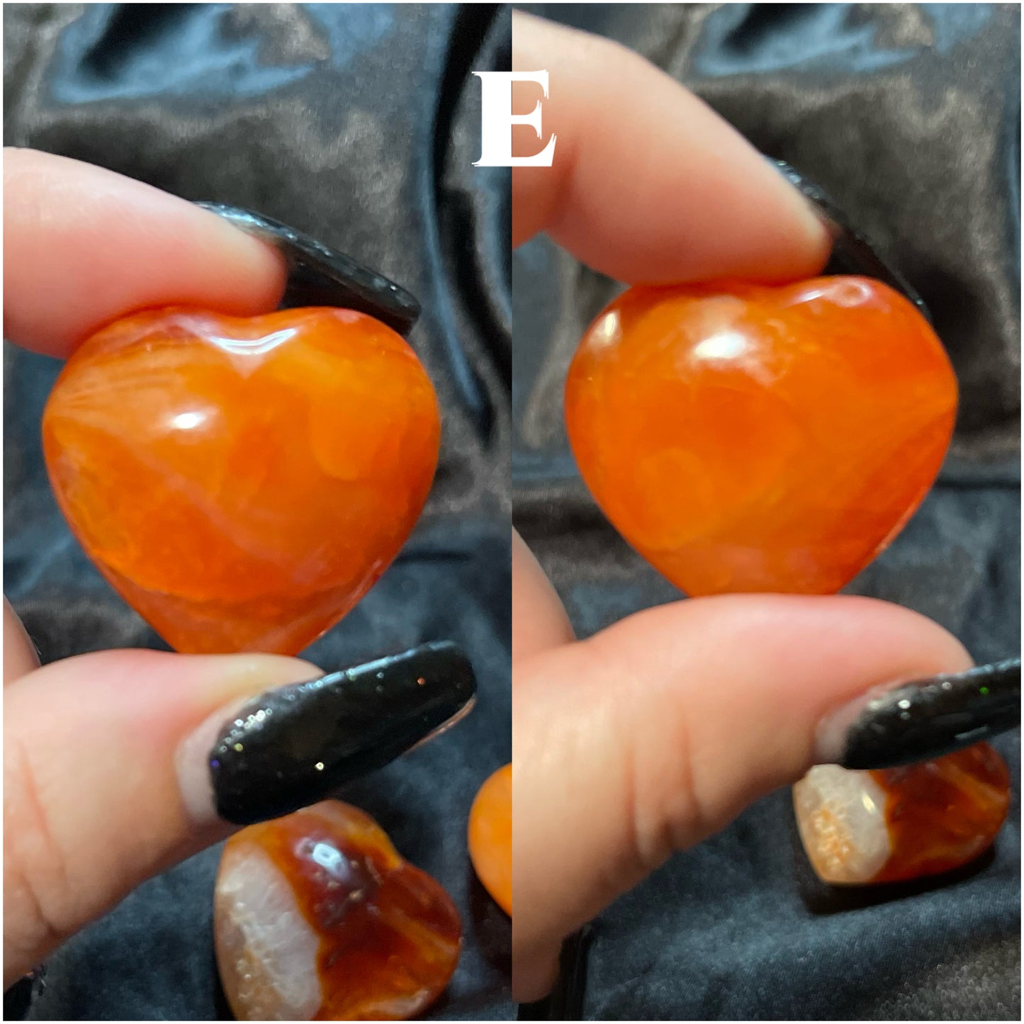 Carnelian crystal heart, held in hand for scale