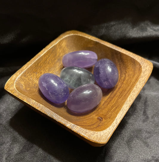 Rainbow Fluorite tumbled stone, banded purple, green and violet, glassy