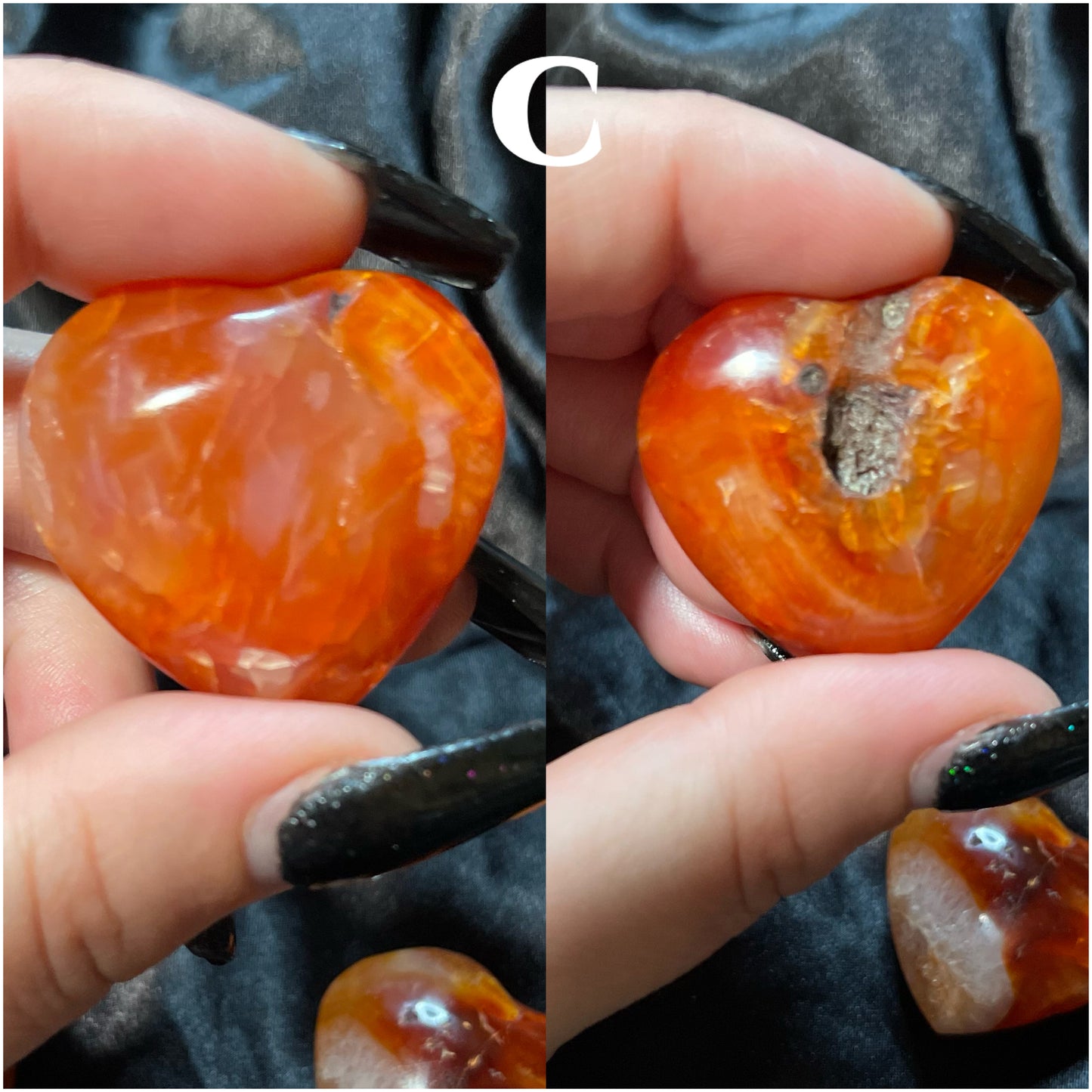 Carnelian crystal heart, shown against a dark backdrop