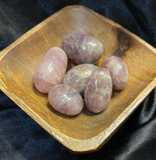 Lavender Rose Quartz tumbled stone, pale lavender-pink, softly translucent