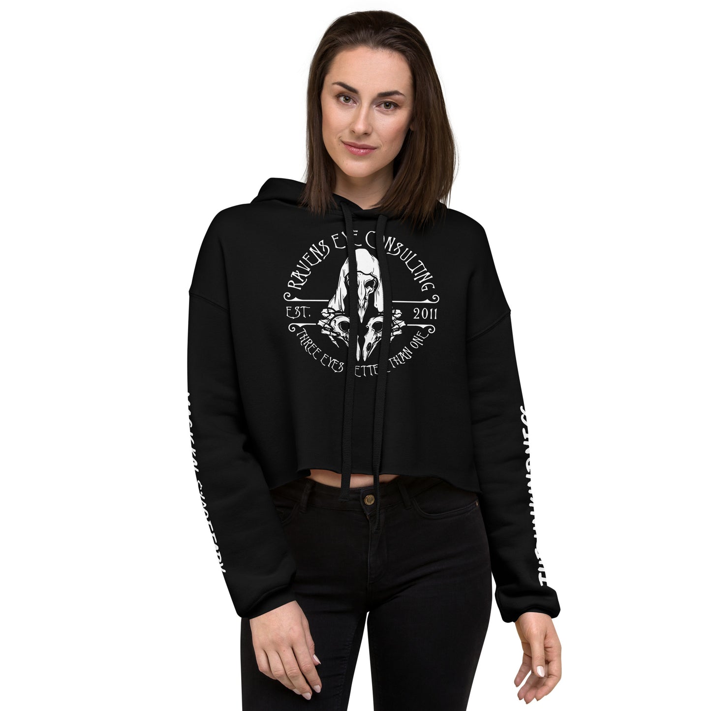 REC Unkindness Crop Hoodie in black, carrying the Raven's Eye Consulting design
