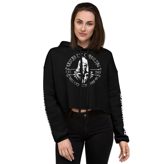 REC Unkindness Crop Hoodie in black, carrying the Raven's Eye Consulting design