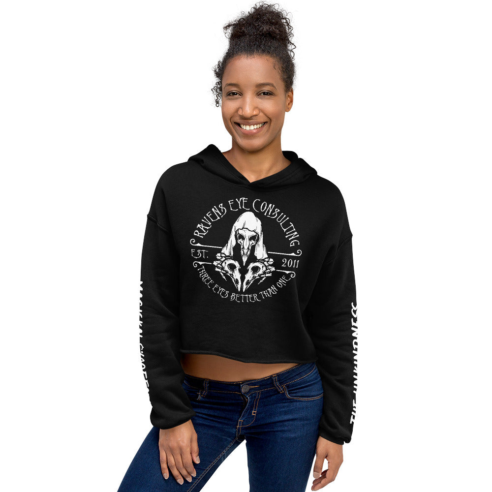 Crop Hoodie in black, carrying the Raven's Eye Consulting design